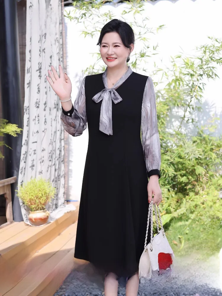 spring-faion-mommy-dr-chiffon-splicing-long-sve-silk-tie-ele-plus-size-slimming-mid-aged-and-ly-women's-long