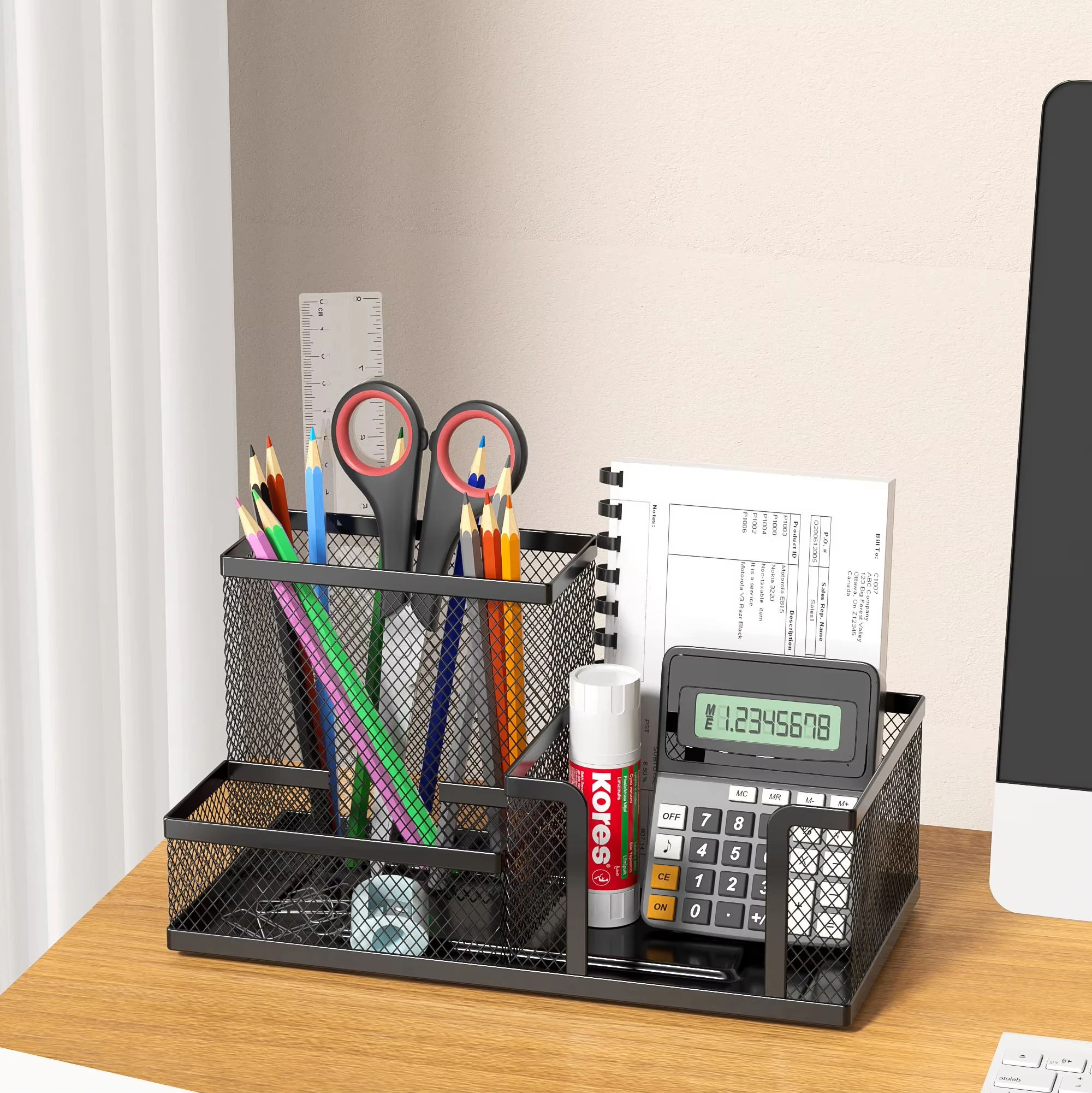 Organizador de mesa de malha, material de escritório, caddy com suporte de lápis e cestas de armazenamento para acessórios de mesa, 3 compartimentos, preto