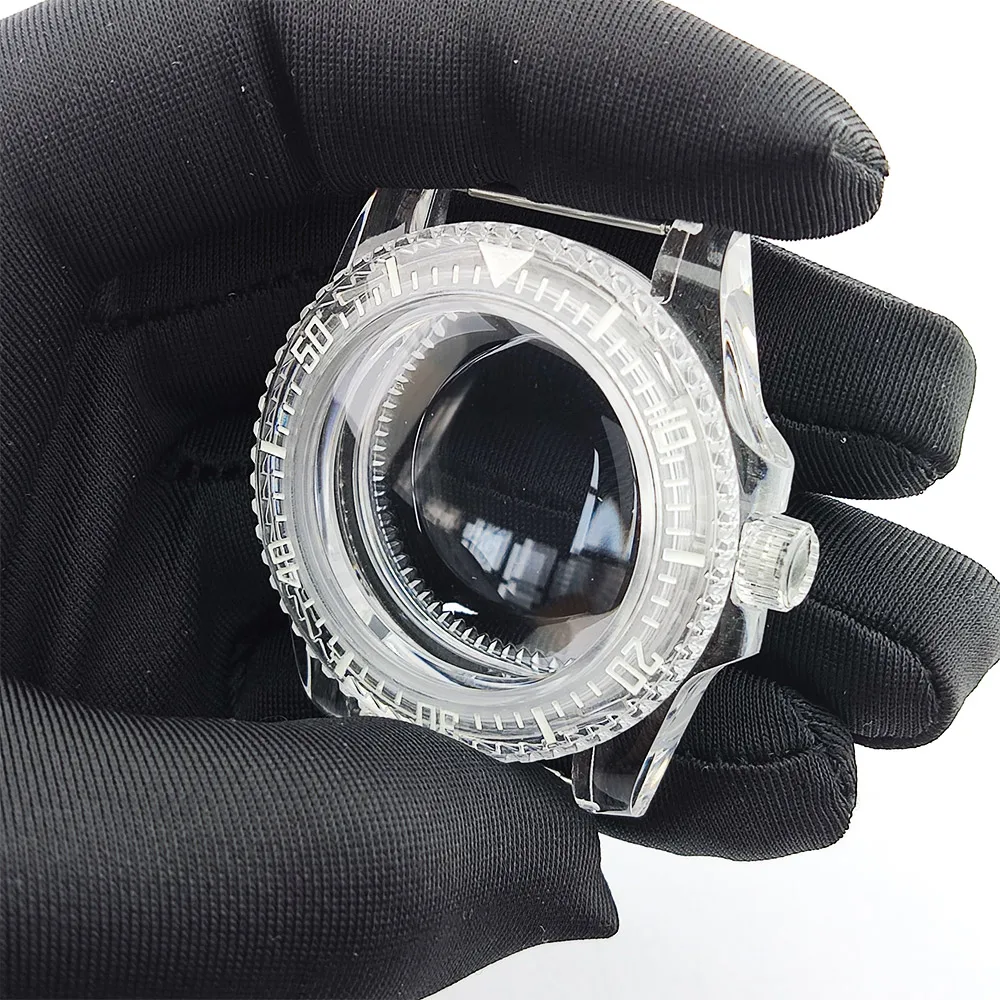 Cassa per orologio trasparente da 40 mm Set di cinturini per orologi da 20 mm Custodia in plastica acrilica luminosa verde per cinturino per orologio in gomma con movimento NH35/NH36