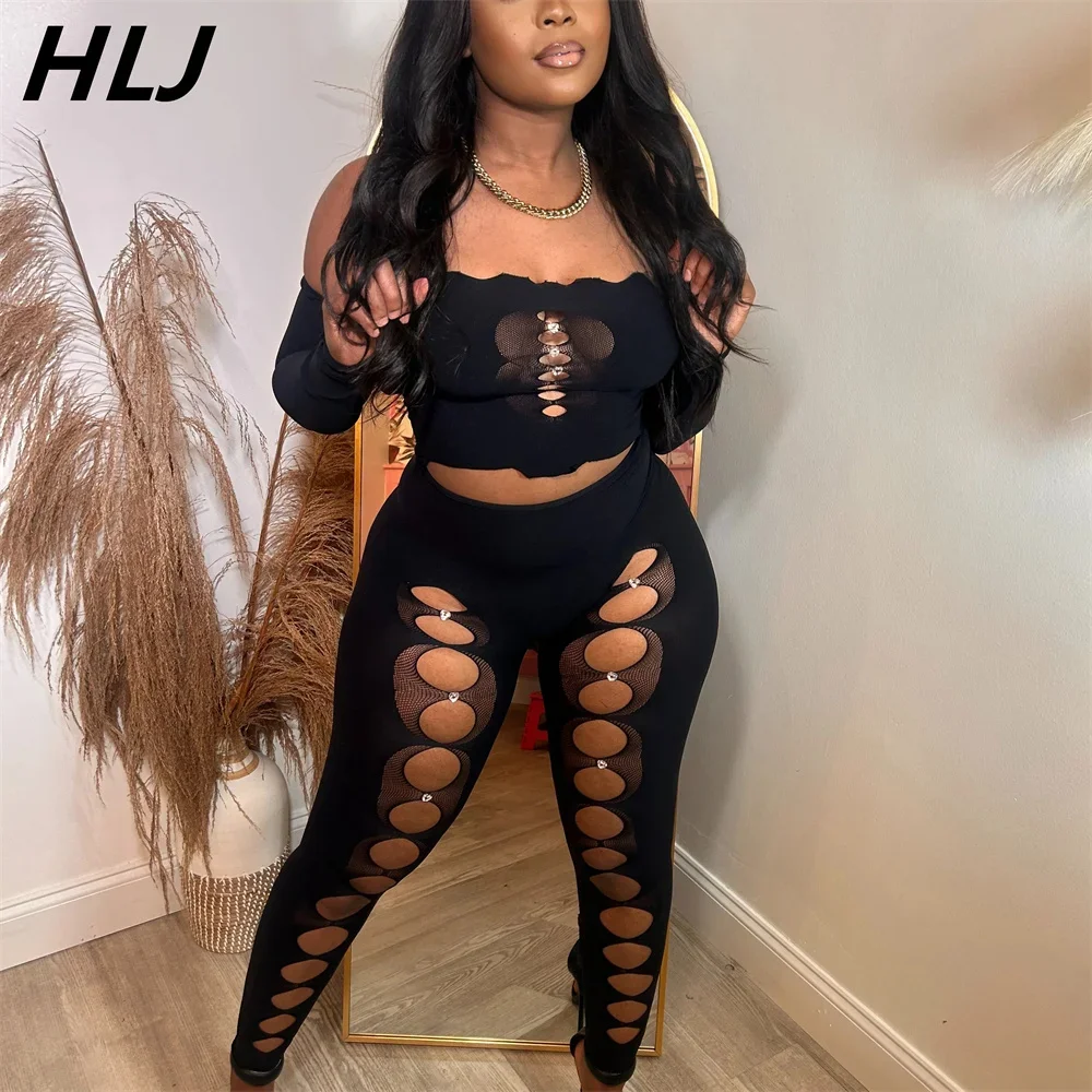 

HLJ&GG Sexy Lace Perspective Hollow Bodycon 2 Piece Sets Outfit Women Off Shoulder Long Sleeves Top + Hole Skinny Pants Outfits