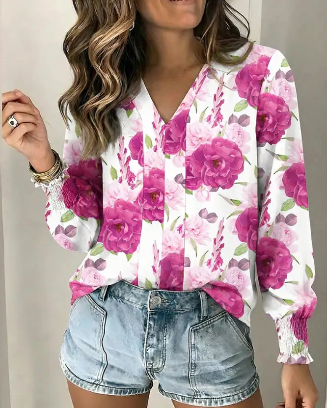 

Women Blouse 2026 Spring Autumn New Fashion Floral Print V-Neck Long Sleeve Shirred Cuffs Blouse Casual Backless Tie Back Top