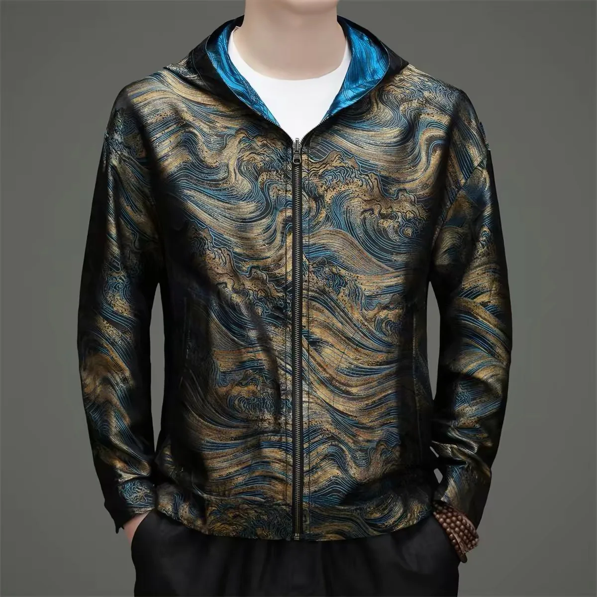 Silk Double-sided Printed Jacket for Men with Hood And Zipper Standard Fit Long Sleeve Gradient Pattern Xiangyun Silk Jacket