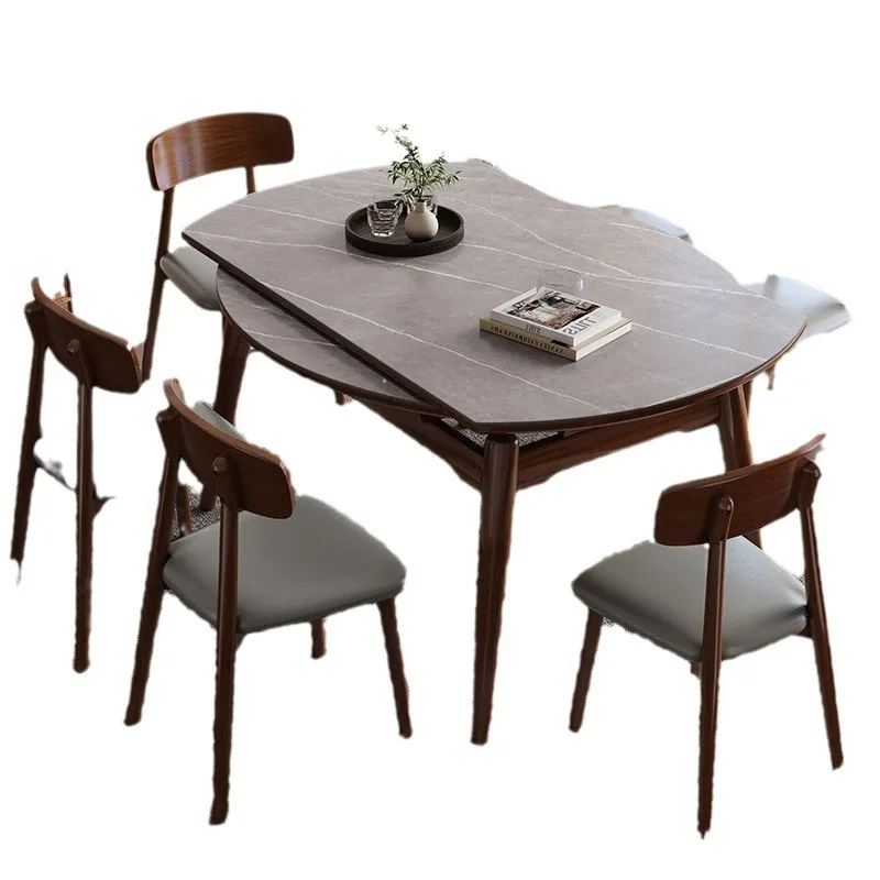 

Nordic style, rock slab, dining table and chairs, combination, retractable, household, square circle, small apartment,
