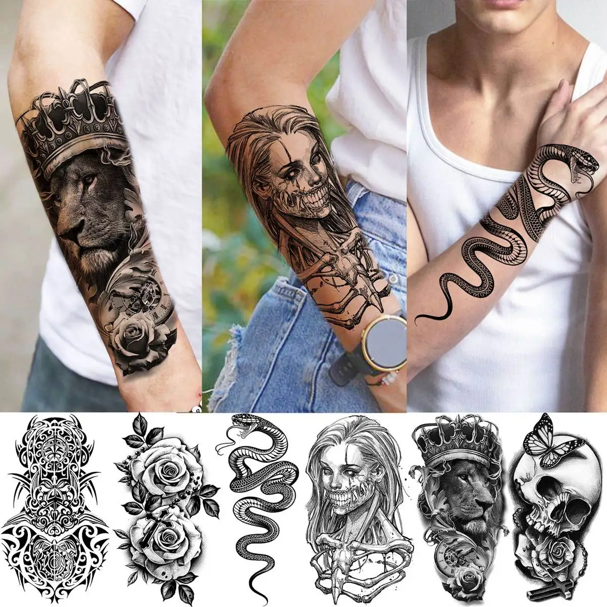 62 Sheets Black Scary Skull Vampire Temporary Tattoos For Men Women Neck Arm Tattoo Sticker Fake Snake Flower Compass Tatoos 3D