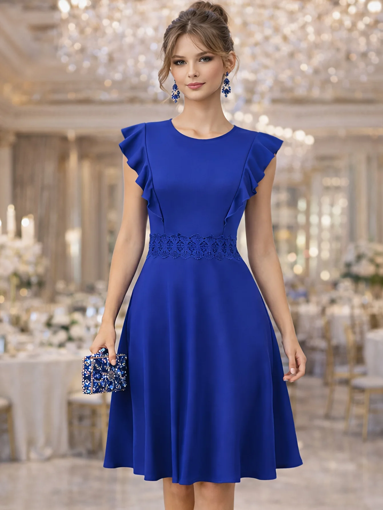 

Elegant round Neck A-Line Dress 2026 New Lace Waist Ruffled Short Sleeved mid Length Gown for Women