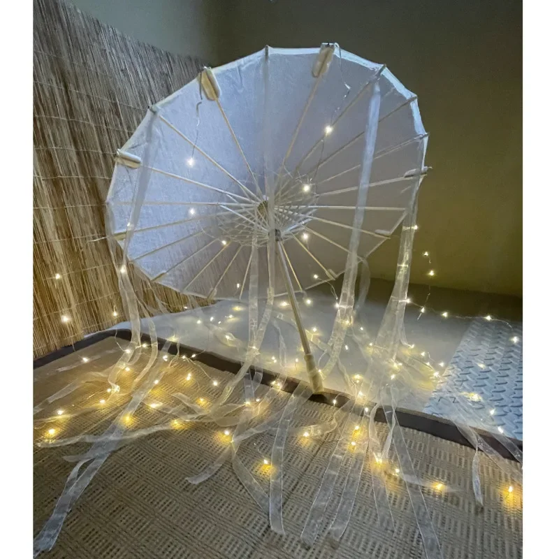 LED Chinese Japan Yarn Oiled Paper Silk Cloth Umbrella Costume Ancient Princess Umbrella Drama White Craft Umbrella Cosplay