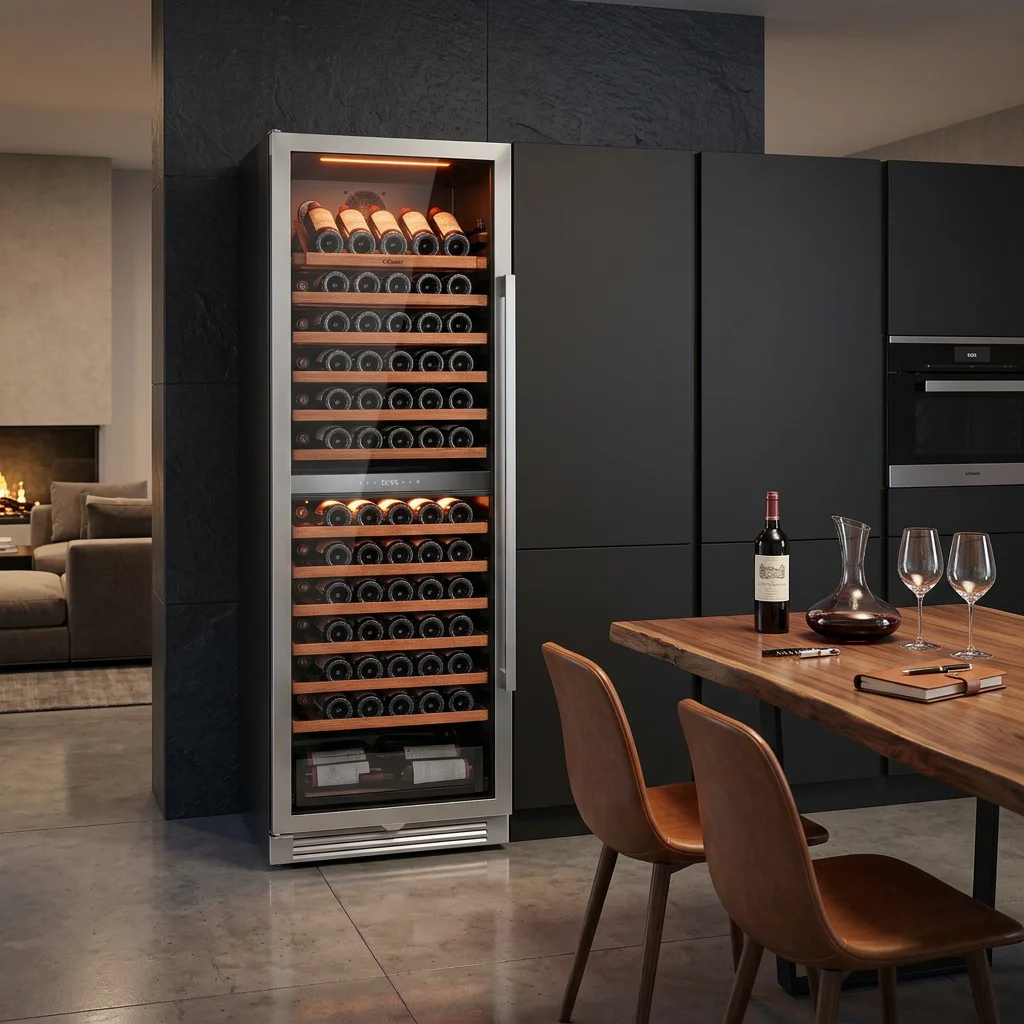 

high wine cooler 15.12 Cu.ft 155 bottles Left/right door opening Dual zone auto-defrosting wine refrigerator with lock function ＆ Amber/White/Blue light