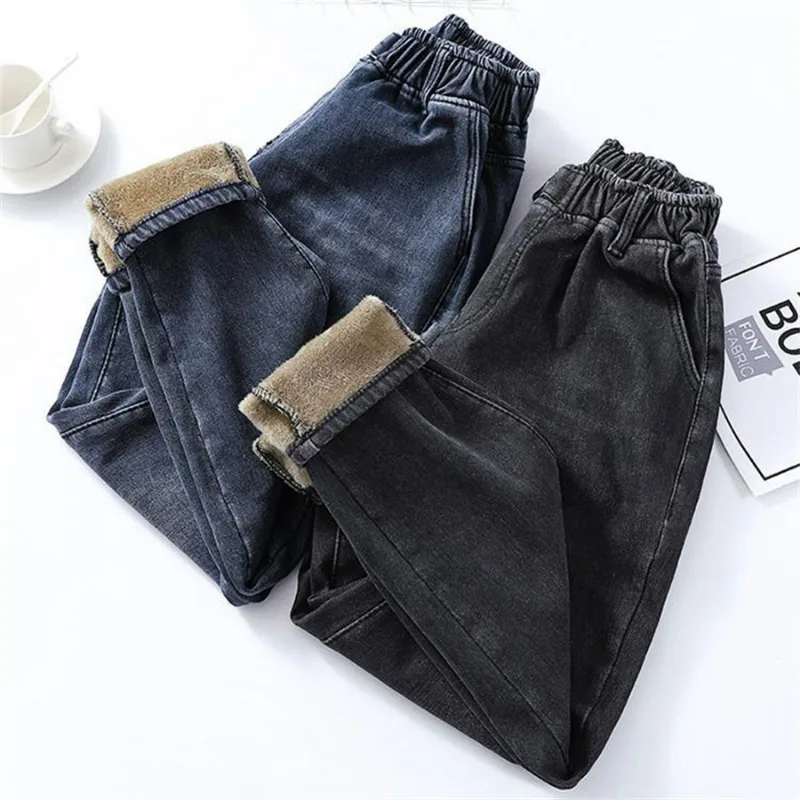 

Winter High Waist Baggy Warm Jeans Casual Big Size 80kg Velvet Lined Thicken Denim Pants Streetwear Ankle Length Harem Vaqueros