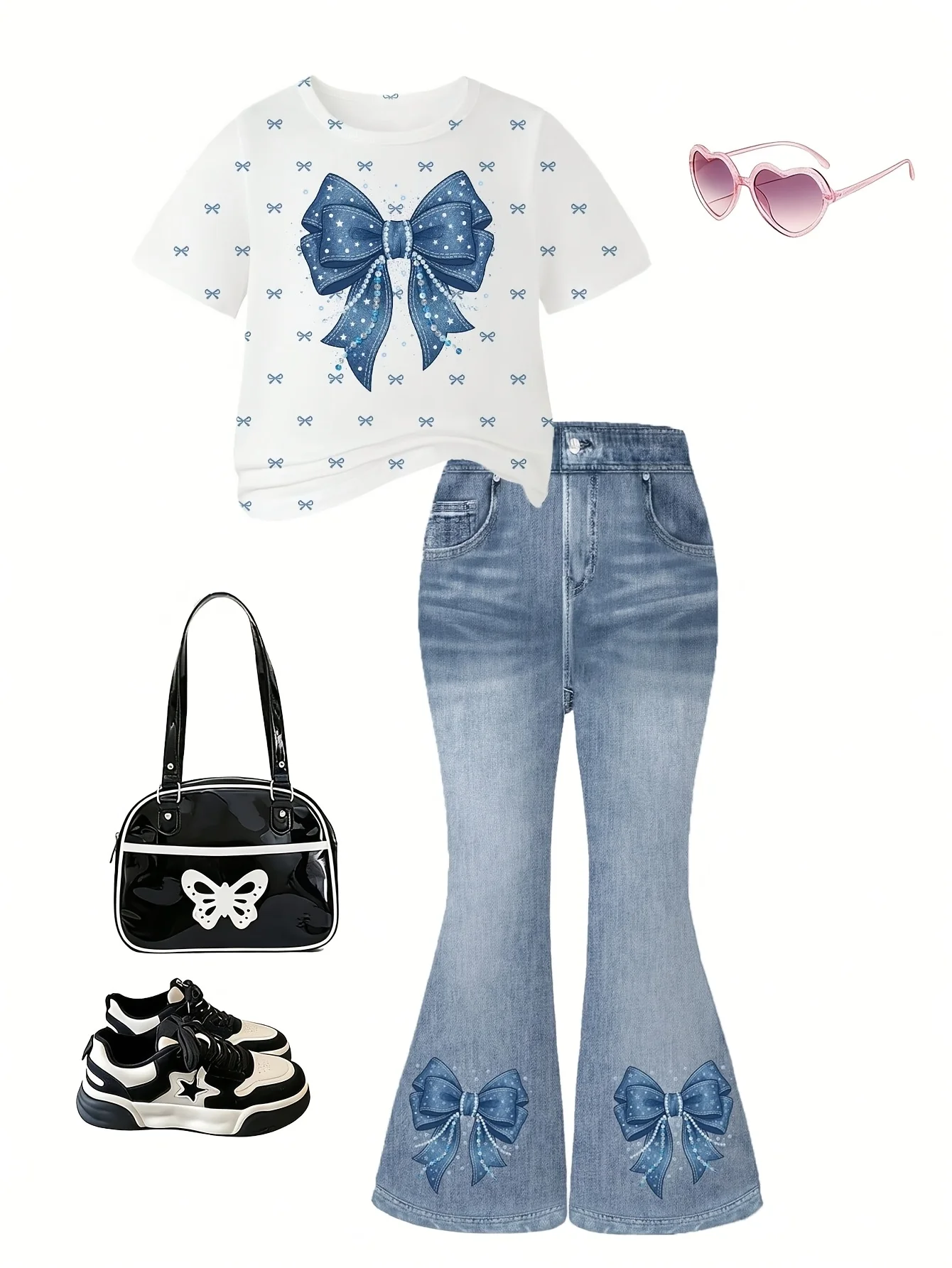 2-teiliges Set für Mädchen: Kurzarm-T-Shirt mit Schleifenverzierung und Faux-Denim-Print (Rundhalsausschnitt) und Schlaghose mit elastischem Bund – schlicht, St. – Detail 3