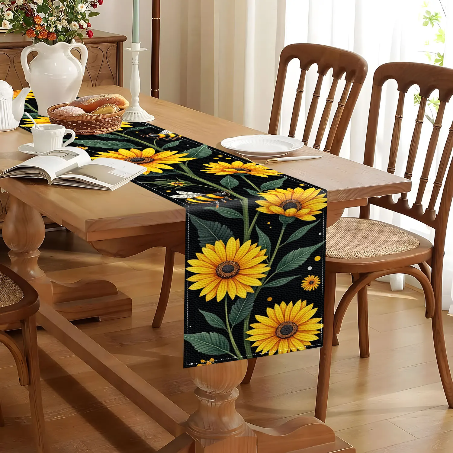 1 Piece of Sunflower and Bee Themed Table Runner, Decorated with Sunflowers, Bees, and Green Leaves, Suitable for Pastoral Style Decoration, Children's Room