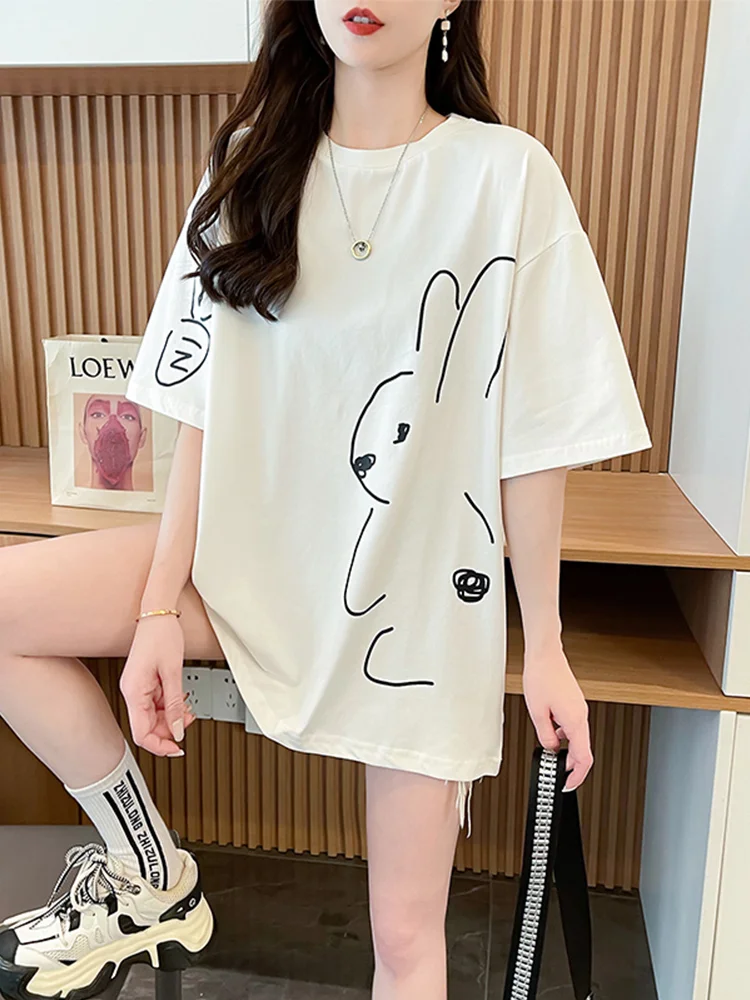 Fashion Top Minimalist Black White Solid Color Cute Lines Bunny Carrot Loose Sporty Teenage Soft Comfortable Round Neck T-shirt