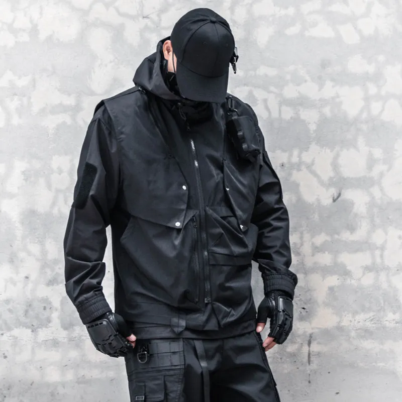 Special-interest Fashion Trendy Unique Patchwork Zippered Techwear Frock Vest Coat Dark High Street Waistcoat Tactical Vest