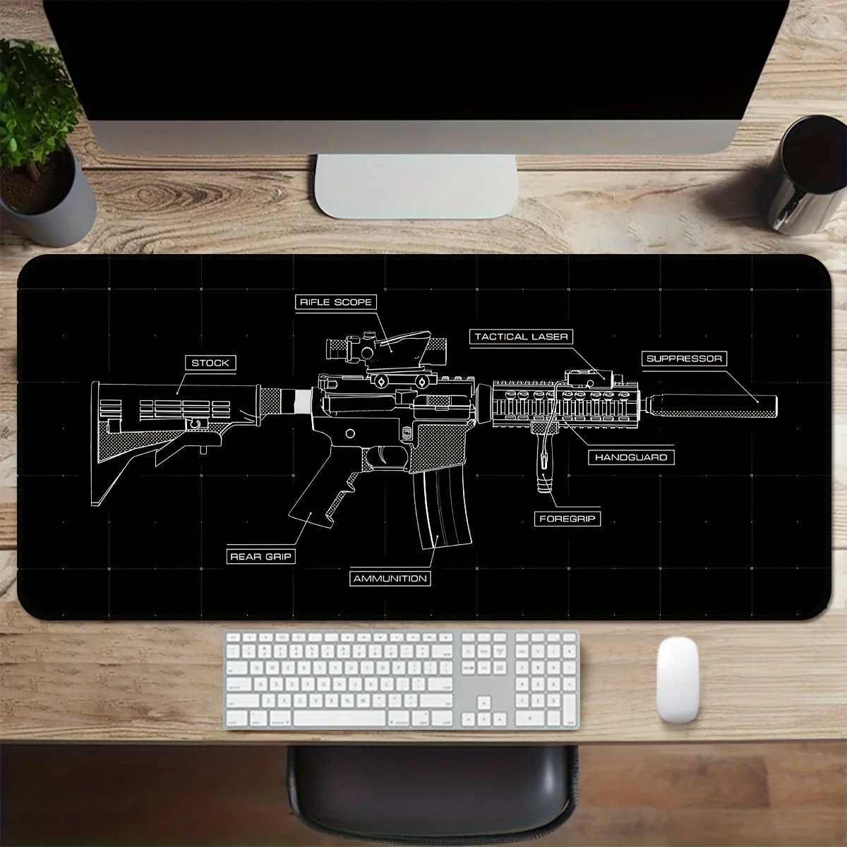 لوحة ماوس كبيرة للألعاب مع تصميم بندقية هجومية ، حصير طاولة ألعاب مكتبية ، مطاط ، وسادات لوحة مفاتيح مانعة للانزلاق ، XXL ، 90x40cm