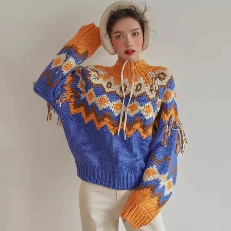 Red Blue Vintage Contrast Color Fringe Short Knitted Sweater Spring New Women Round Neck Long Sleeve Casual Knit Pullover Tops