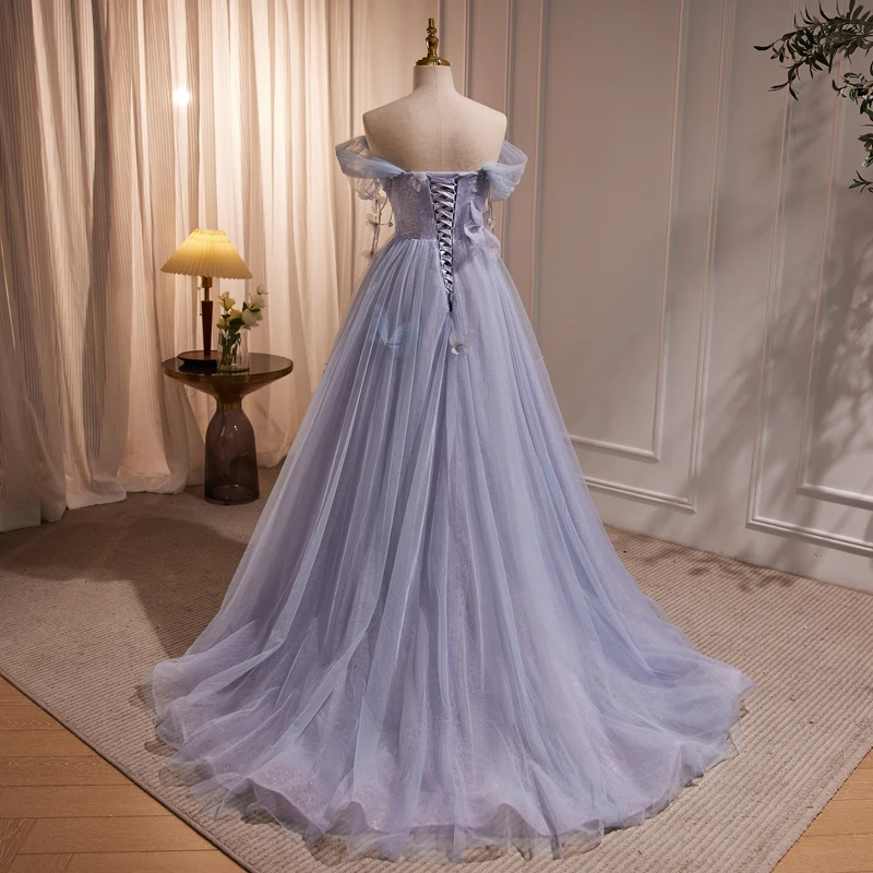 AnXin SH Prinzessin Lila Spitze Blume Perlen Kristall Schmetterling U-Boot-Ausschnitt Schnürung große Schleife eine Linie maßgeschneidertes Abendkleid