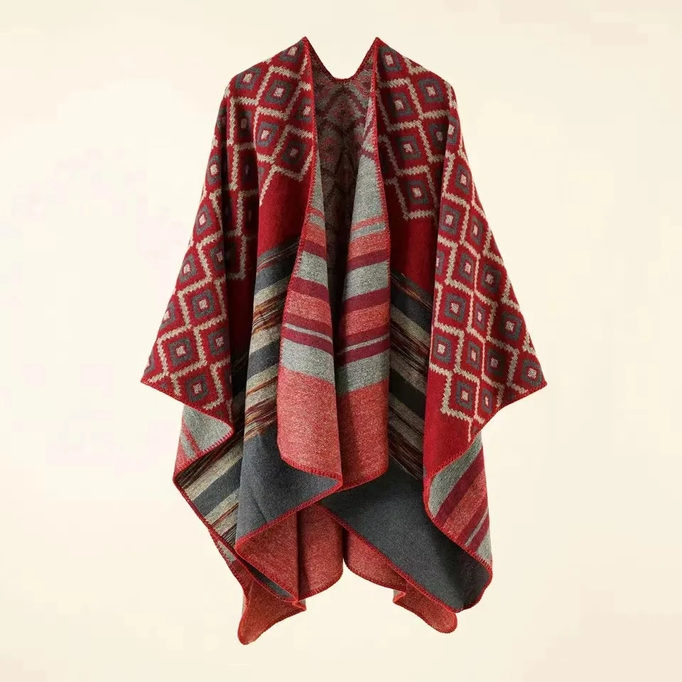 2024 Autumn Winter New Geometric Stripe Pattern Imitation Cashmere Warm Casual Women Shawl Poncho Capes Lady Coat Purple