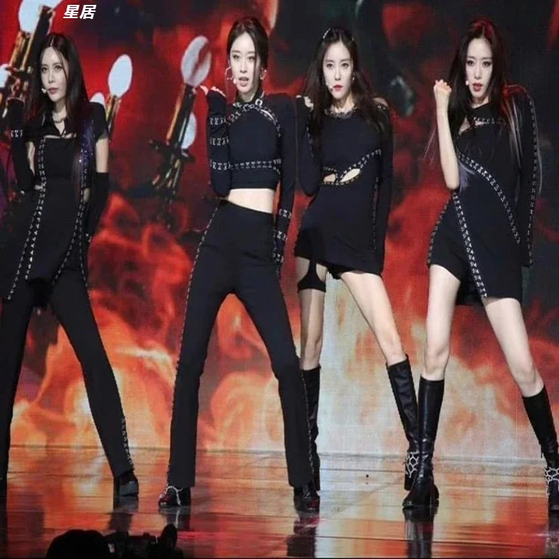 New Kpop Korean Women Group Jazz Dance Outfit Concert Sexy High Waist Pants Stage Dancewear Nightclub Slim Long Sleeve Crop Tops