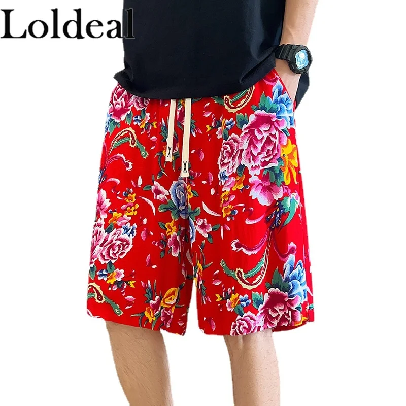 

Men's Casual Large Size Artificial Cotton Gauze Breathable and Cool Large Floral Shorts