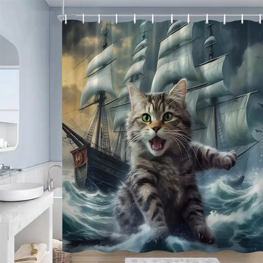 Funny Cat Shower Curtains Cute Animal Nautical Sailing Sea Waves Landscape Bath Curtain Polyester Fabric Bathroom Decor Hooks