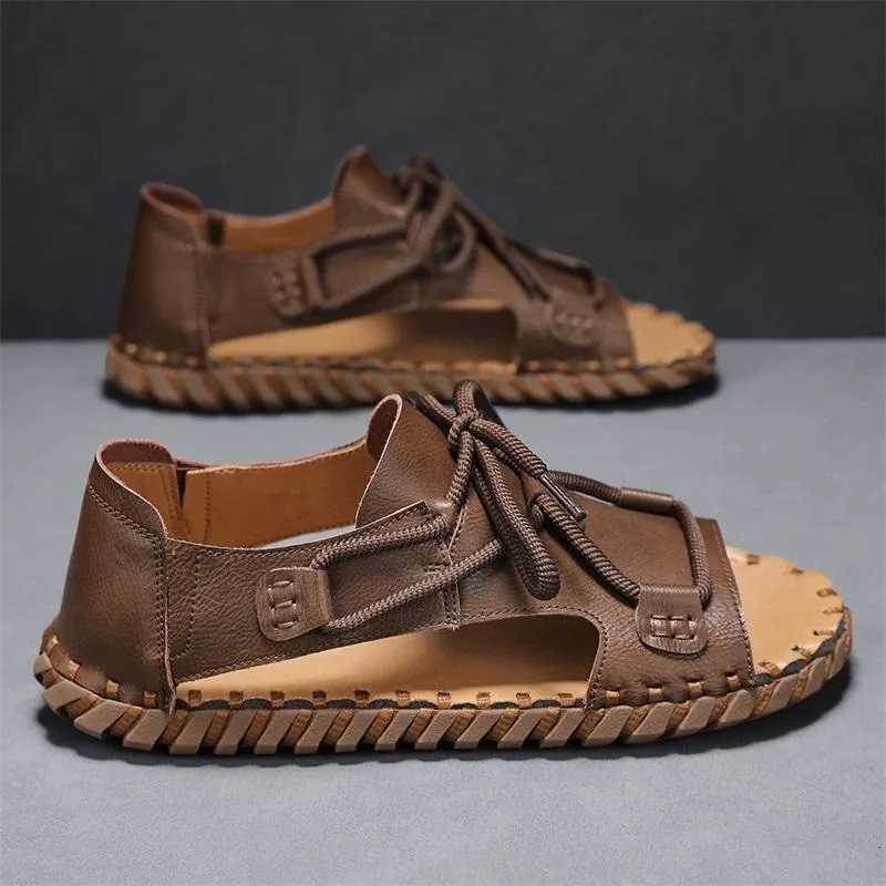 

Summer Mens Sandals High Quality Cowhide Leather Sandals Fashion Casual Sports Sandal Roman Style Open Toe Beach Sandals for Men