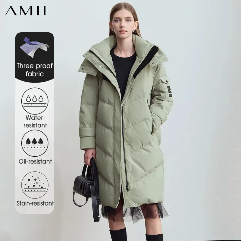 

Женский пуховик Amii, новинка зимы 2022, теплый утиный пух с капюшоном, однотонный свободный пуховик с длинными рукавами и тремя доказательствами 12444146