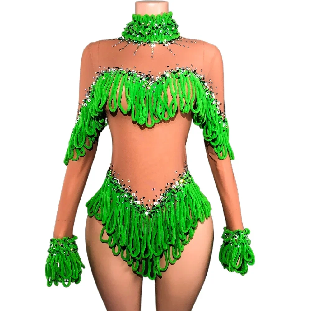Body feminino com borlas brilhantes e mangas compridas, malha sexy transparente para performance de dança, roupa de palco para festa