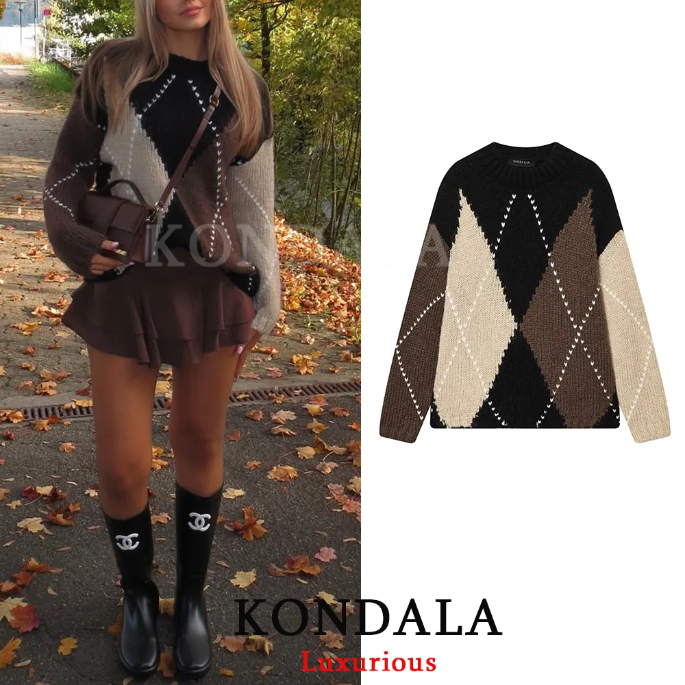 KONDALA سترات نسائية متماسكة منقوشة عتيقة بأكمام طويلة ورقبة دائرية فضفاضة وسميكة موضة خريف وشتاء 2025 سترات سميكة ودافئة