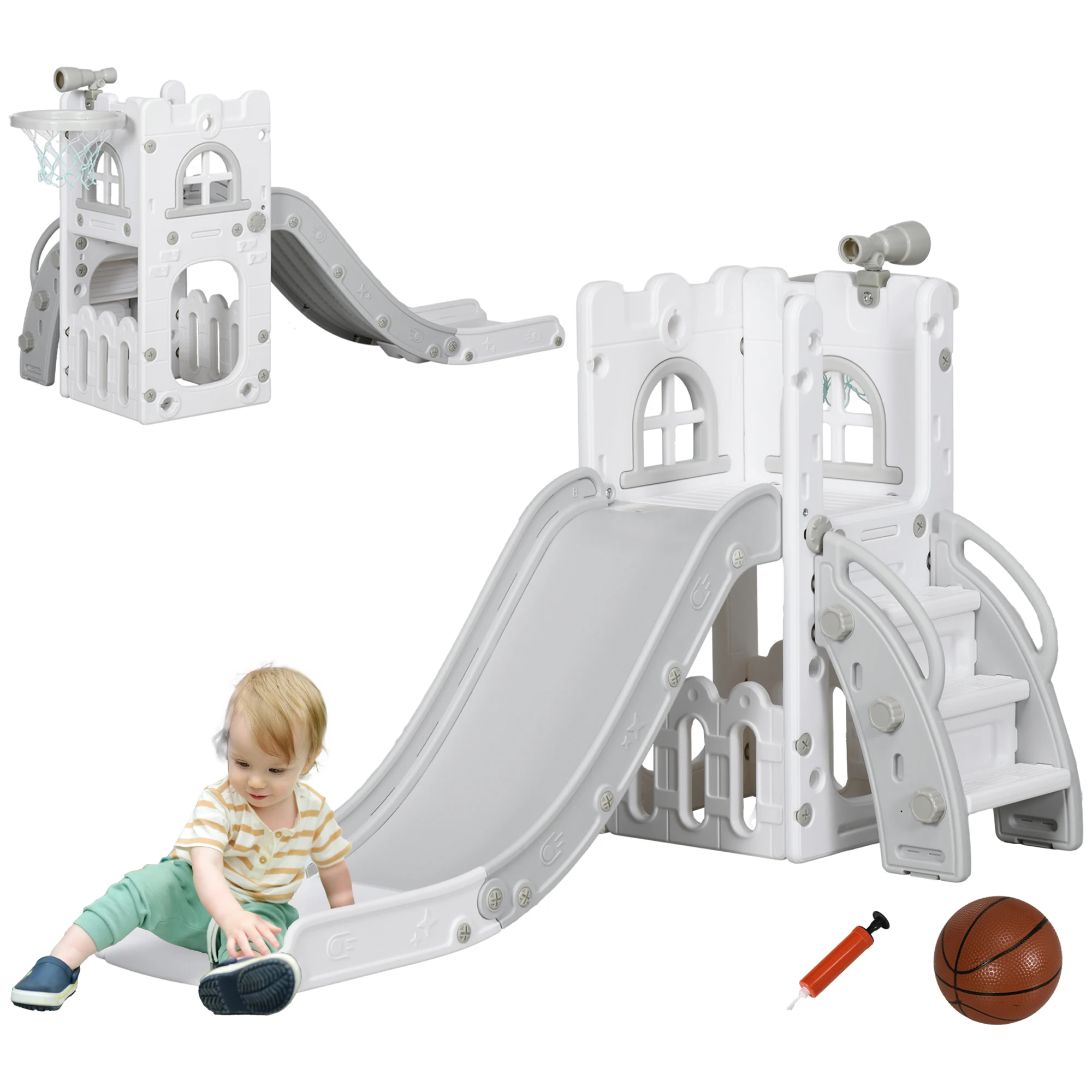 Aiyaplay 5-in-1 kinderglijbaan met basketbalmand, telescoopklimmer en onderste mand voor binnengebruik, wit en grijs