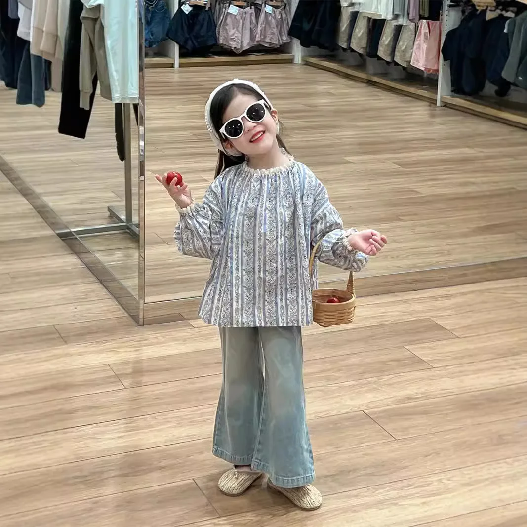 Korean Childrens Clothing Girls Shirt 2025 Spring Collection Girls Lace Blue Floral Shirt Doll Shirt Denim Bell Bottom Pants