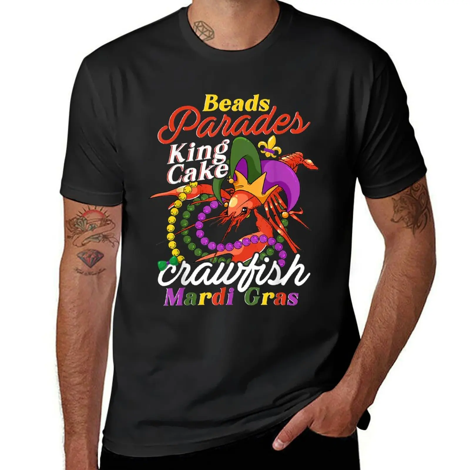 

Crawfish With Jester Hat & Bead Necklaces Funny Mardi Gras T-Shirt plus sizes vintage big and tall t shirts for men