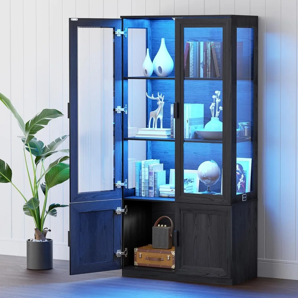 Armário de exibição com portas acrílicas, armário de armazenamento Curio com 3 prateleiras, estante com luzes LED, loja de sensores de corpo humano