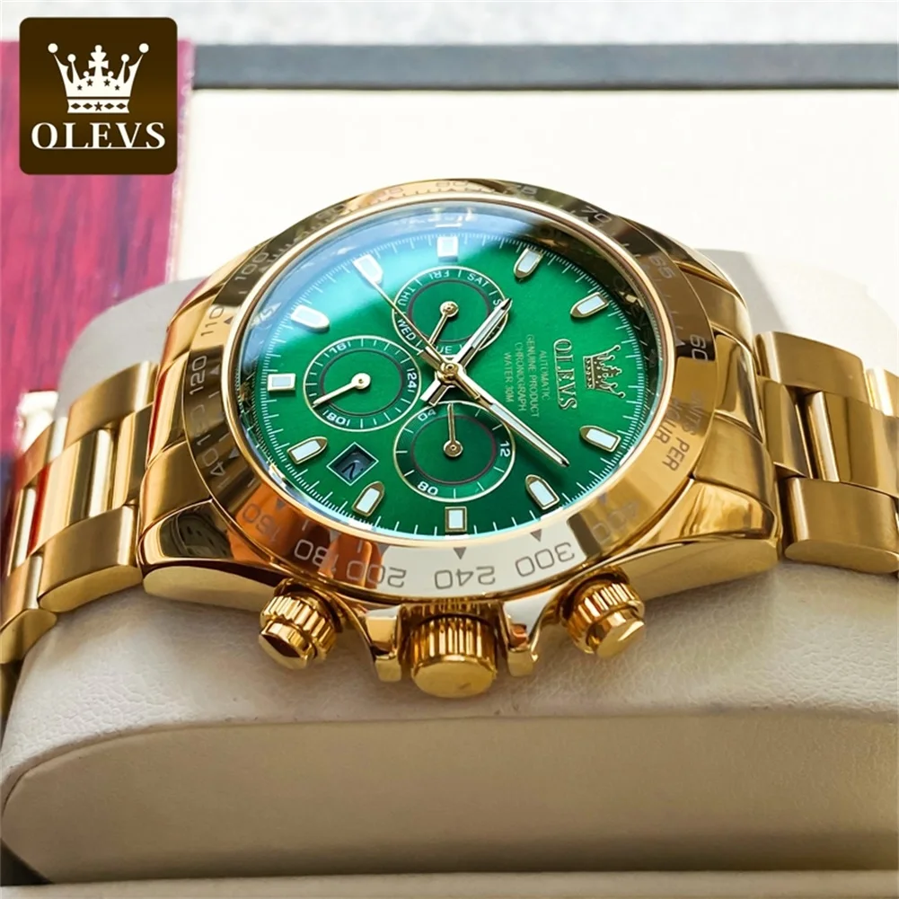 OLEVS Luxury Automatic Mechanical Watch for Men Classic Chronograph Top Brand Golden Stainless Steel Waterproof Men\'s Wristwatch