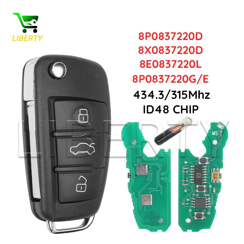 

315/433Mhz 48Chip Remote Car Key Fob For Audi Q7 B7 Q3 A3 TT A2 A8 A6 A6L A4 S5 C5 C6 B6 A4L A5 Q5 S RS S1 8X0837220D 8P0837220D
