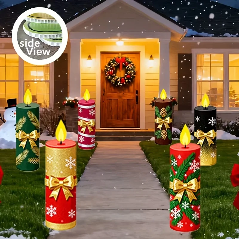 6Pcs Christmas Garden Candle Decoration Sign Set, Featuring Bow and Snowflake Designs, Is Perfect for Holiday Lawn Decorations