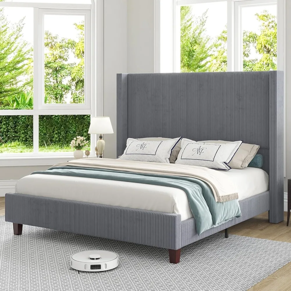 

HOWE Queen Size 61" Corduroy Upholstered Bed Frame, Platform Bed with Vertical Stripe Wingback Headboard, No Box Spring Needed/N