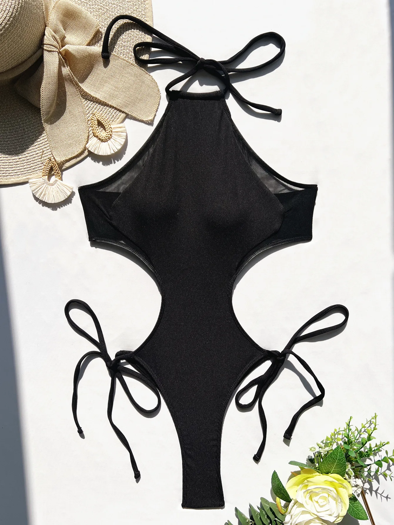 Women's Swimwear 2024 Women Bikini Black Solid Color Swimsuit Backless Sexy One-Piece Strap Hot Spring Swimwear S-L