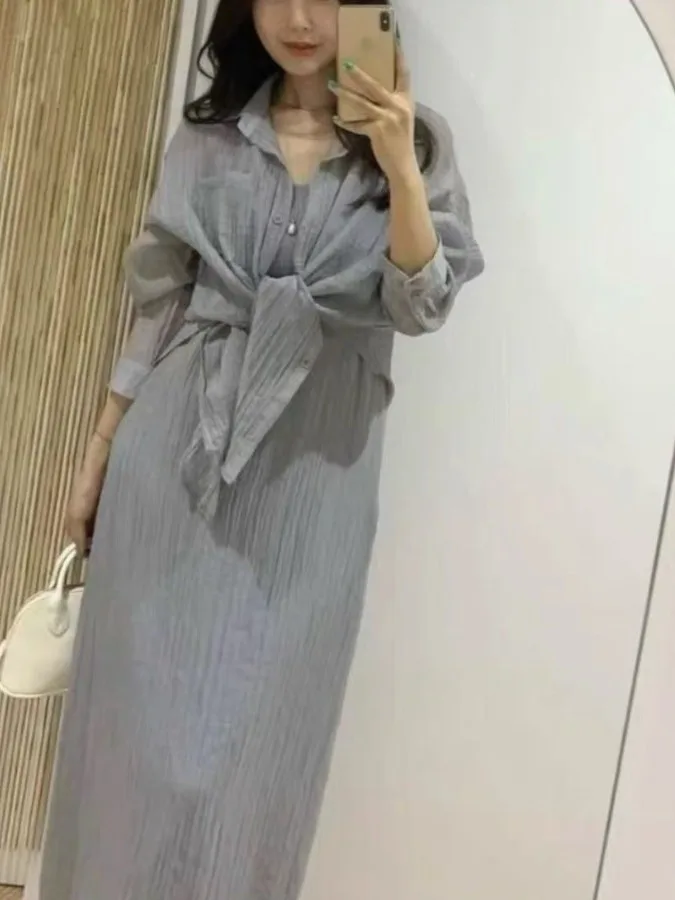 Fashionable Women's Shirt And Strap Long Dress Set Autumn 2026 Light Maturity Pleated Loose Waist Long Sleeve Collar Cit...