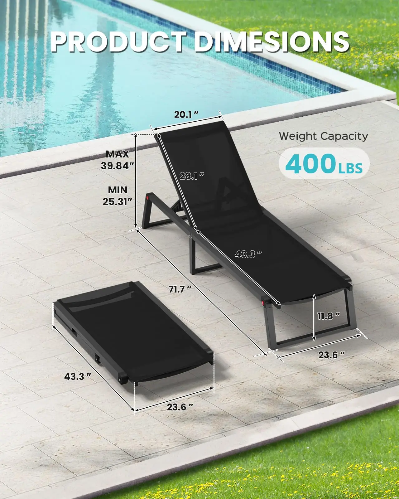 Aluminum Chaise Lounge Chair Outdoor, Foldable& No Assembly Pool Lounge Chairs 5-Position Recliner for Outside, Fully