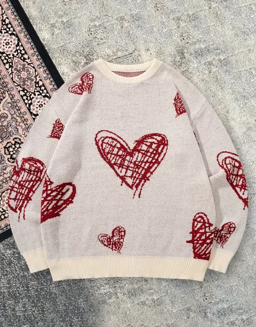 

Новый парный вязаный свитер с сердечками 2026 года, пуловер с круглым вырезом, подарок на День святого Валентина, повседневный свободный крой, вязаная одежда для мужчин и женщин