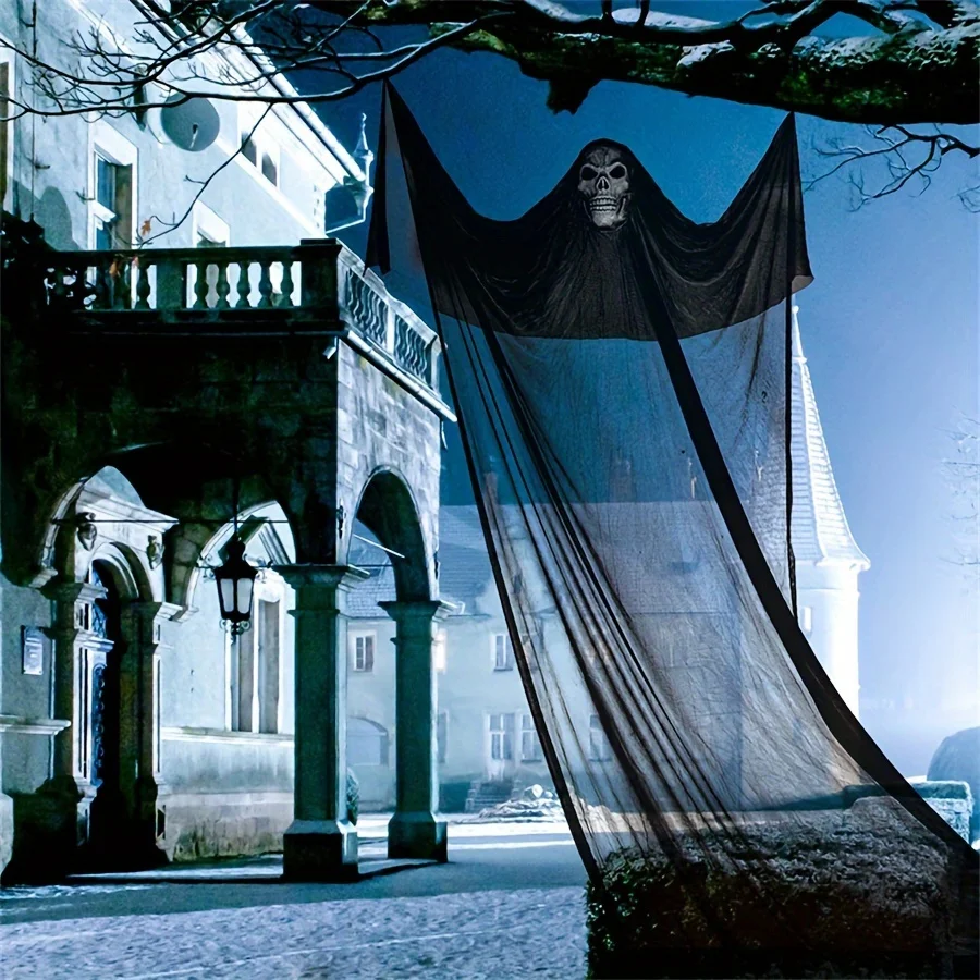 Decorazioni di Halloween: grande fantasma sospeso, maschera con teschio, ciondolo porta fantasma, grande fantasma di garza terrificante, centro commerciale all'aperto