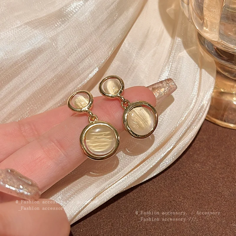 Retro French Opal Stone Dangle Earrings Female Fshion Translucent Simple Resin Round Stone Wild Women's Earrings Hypoallergenic