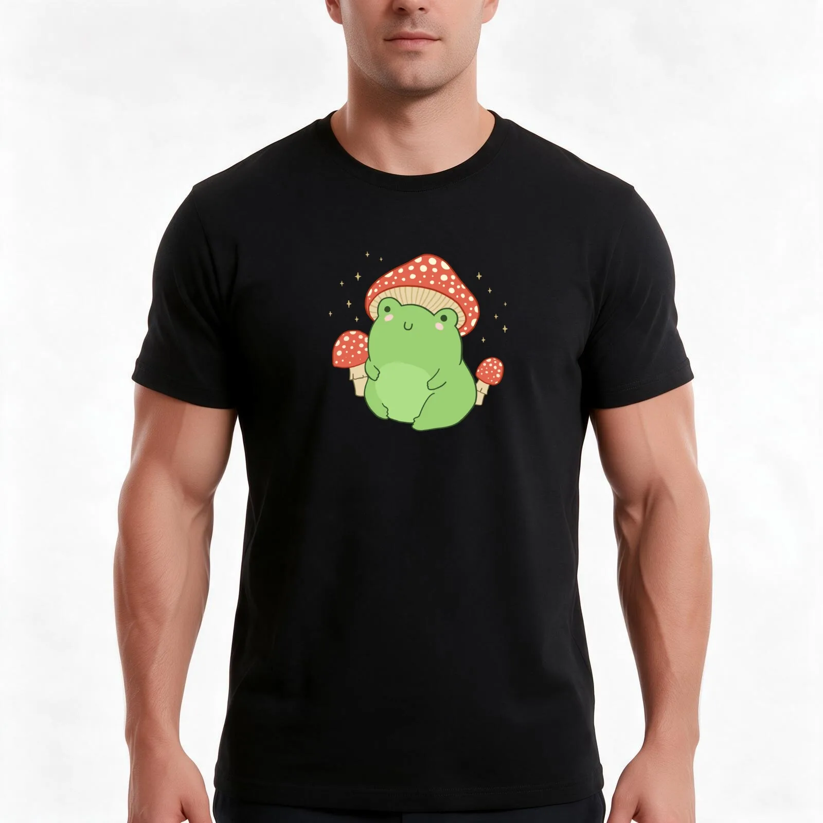 Kawaii Frog with Mushroom Hat: Cottagecore Aesthetic Froggy, Chubby Toad in Forest Themed Fantasy Toadstools T-Shirt