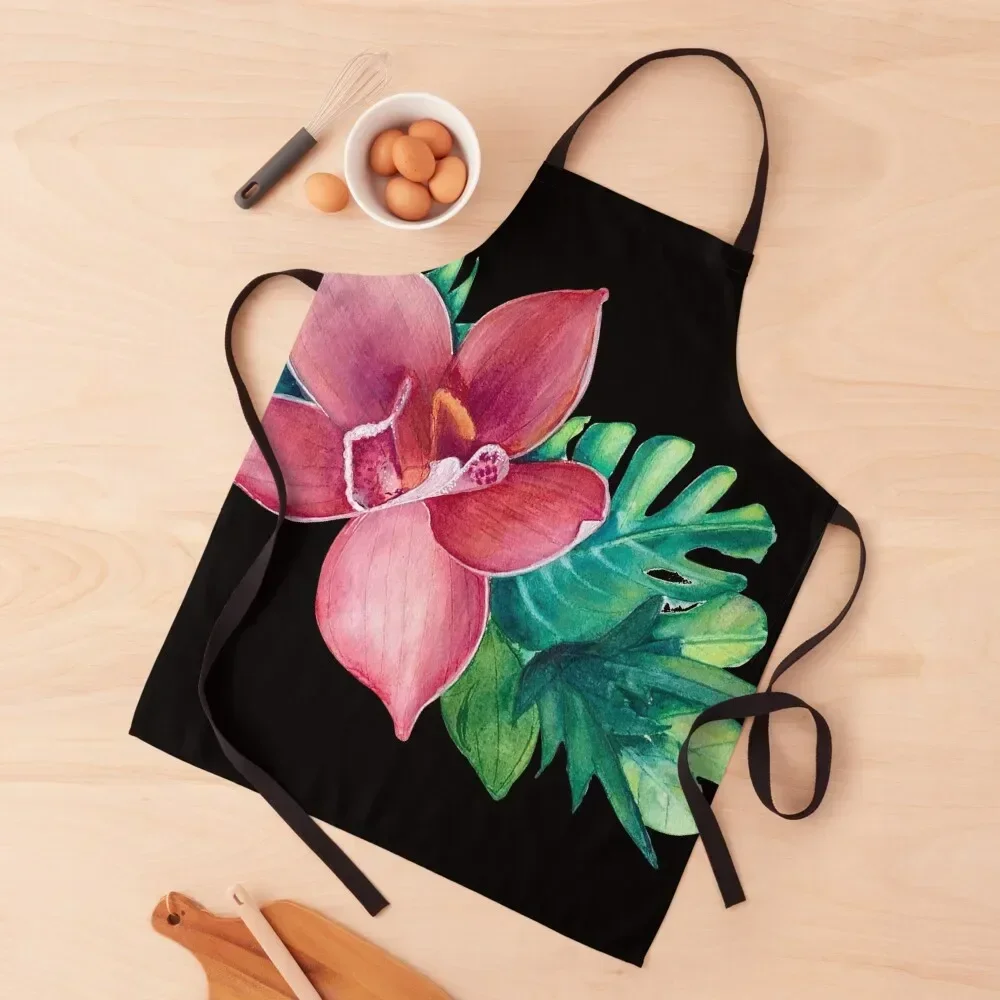 Pink watercolor Orchid - black background by Linda Sholberg Apron Kitchen For Men painters Apron