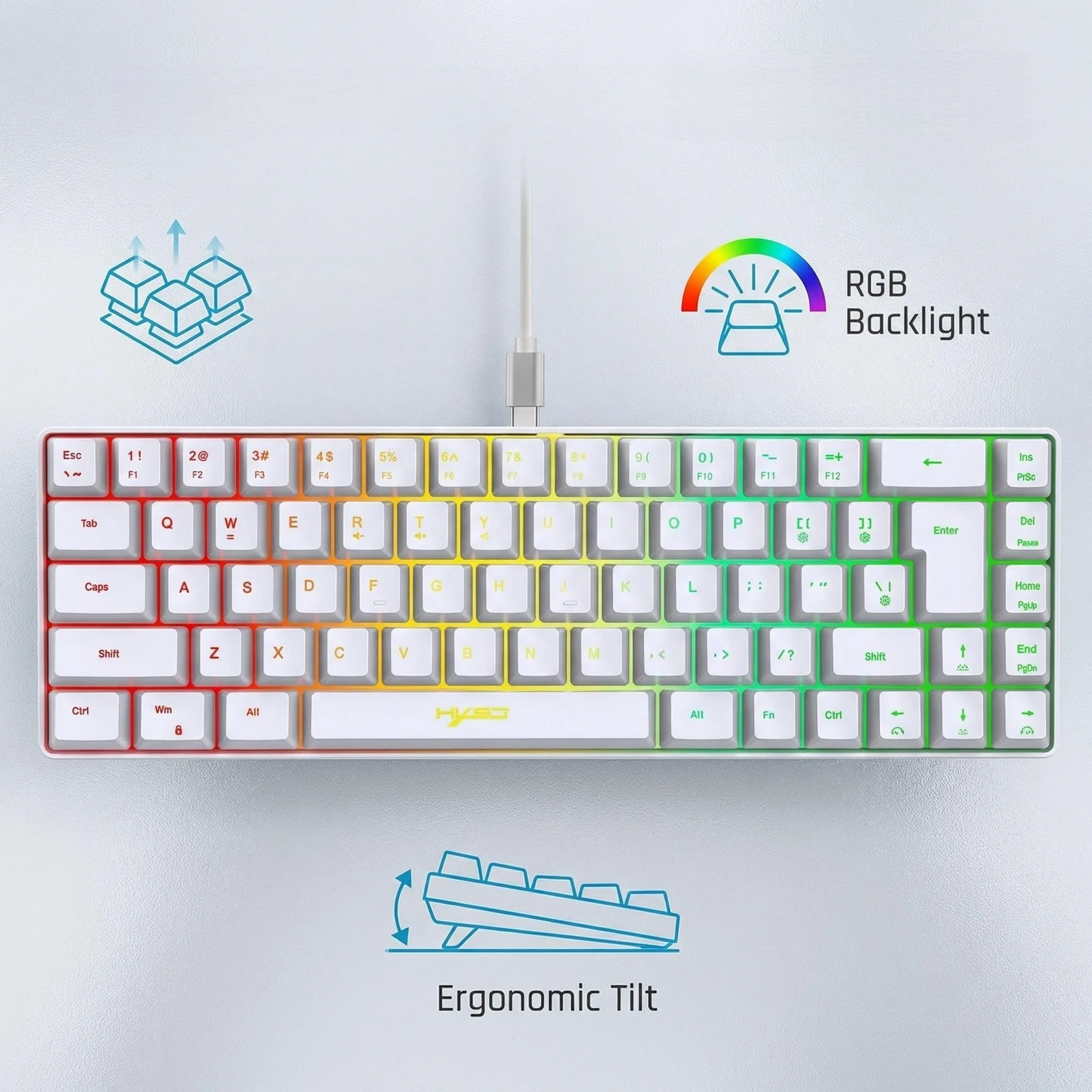Ultra-Compact 65% Size Gaming Membrane Keyboard, Ergonomic RGB Backlit, Portable 68-Key Wired Office Keyboard with USB Plug-in,