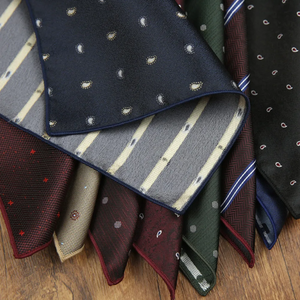 New Trendy Winter Pocket Square Mens Navy Brown Pasiley Polka Dot Handkerchief 23cm Polyester Striped Hanky Wedding Accessories