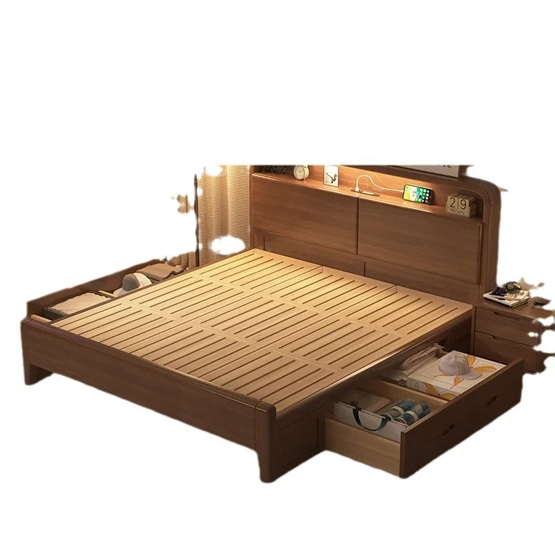 

Nordic, walnut, solid wood bed, modern, simple, double 1.8x2m, master bedroom 1.2m
