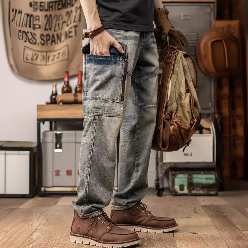 American retro trend cargo pocket jeans Spring and autumn men loose straight leg casual nostalgic blue wide-leg pants