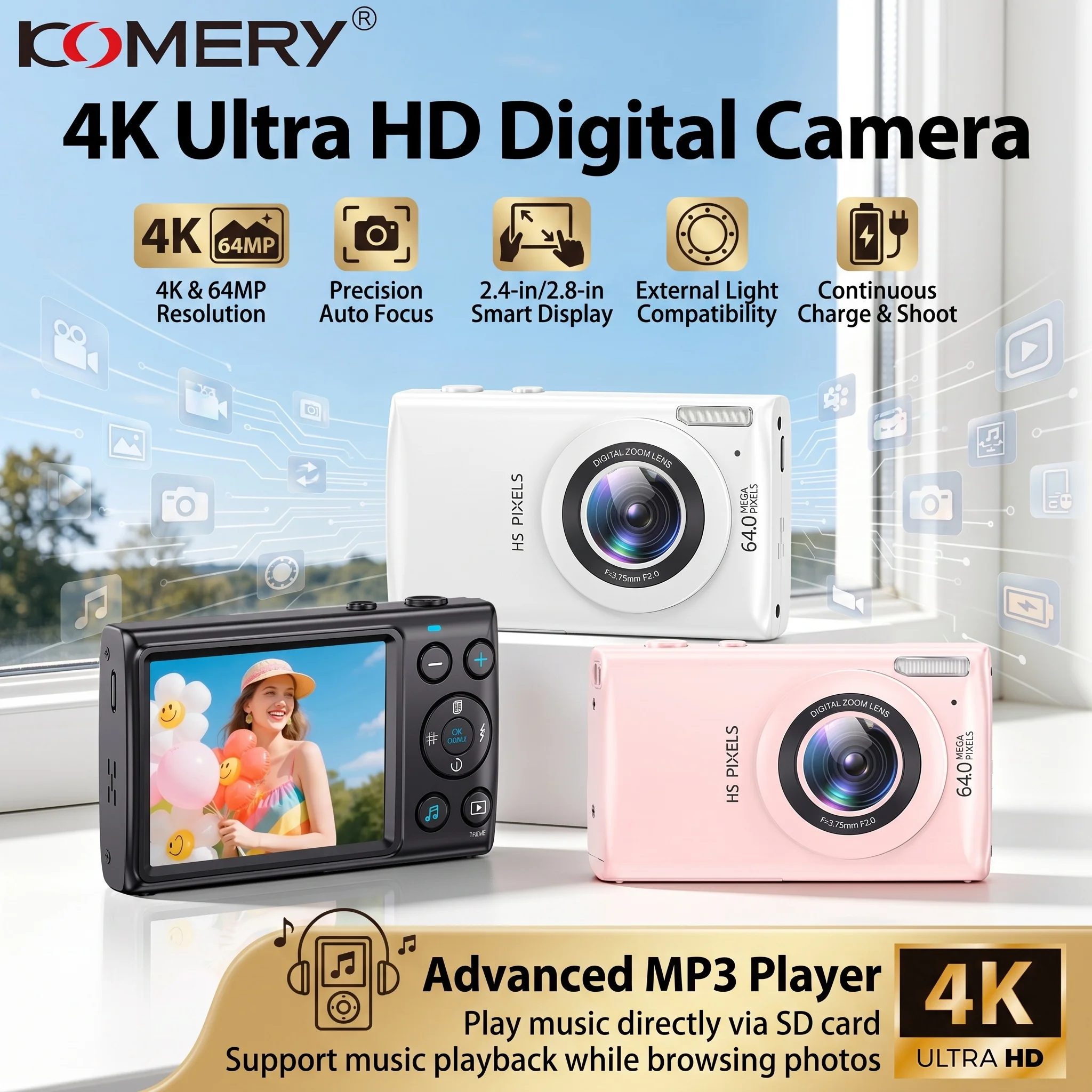 komery-4kカメラ-64mpデジタルカメラ-オートフォーカス-コンパクトカメラ-18倍ズーム-ビデオレコーダー-子供-学生-旅行用-持ち運び簡単
