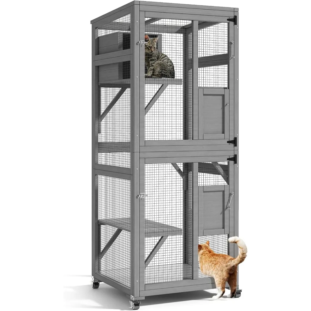 Caja para gatos al aire libre, gato interior de 4 niveles con 4 ruedas, plataformas y caja de descanso, jaula para gatos con techo impermeable, refugio para gatos