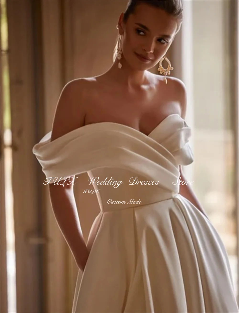 تولكس فساتين زفاف فاخرة من الساتان العاجي رقبة على شكل V قبالة الكتف زي العرائس خط سويب تراين فيستدوس دي نوفيا مخصص